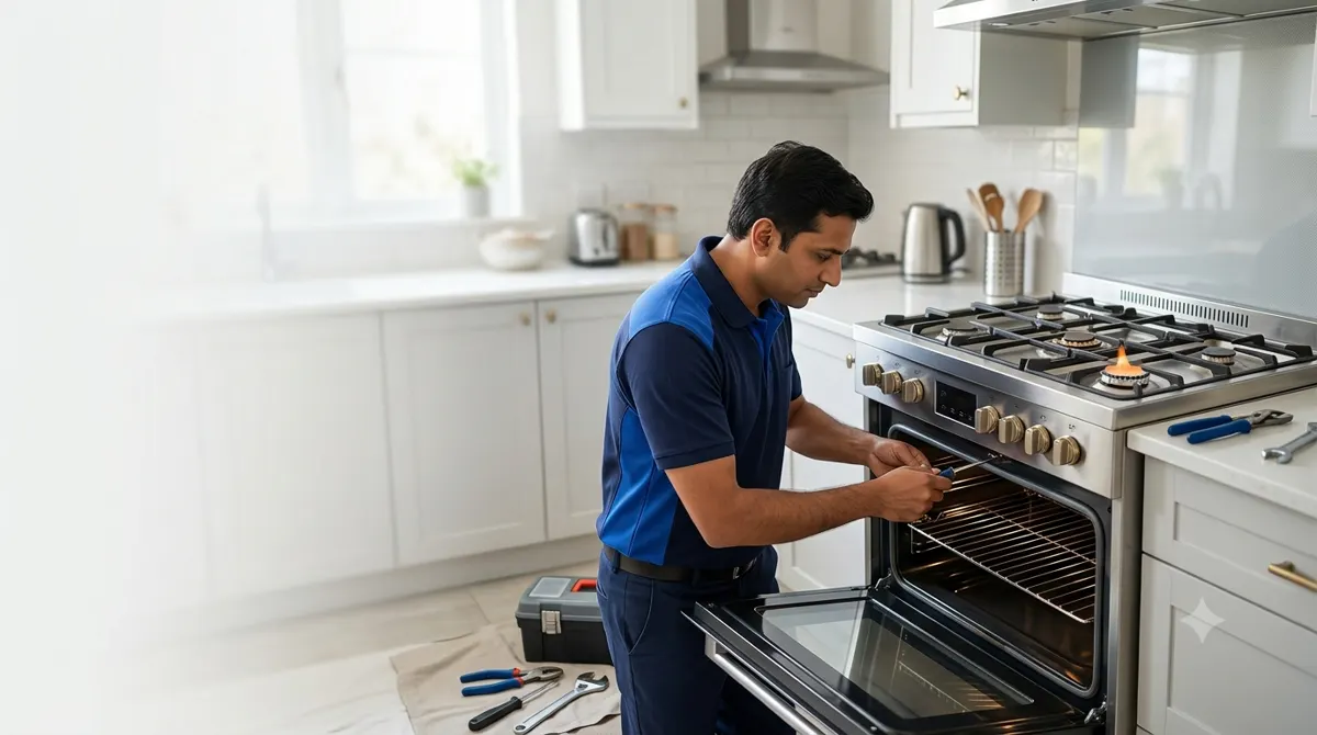 Technician repairing a gas cooking range and oven
