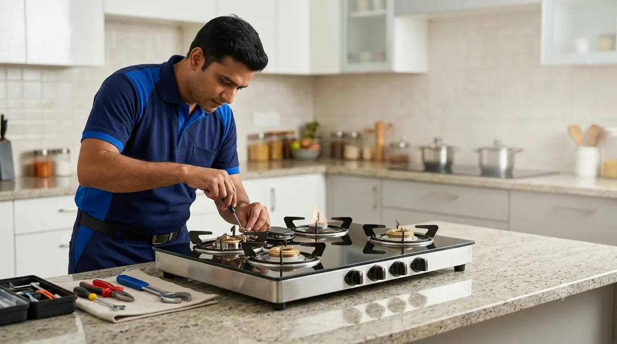 Technician repairing a glass top gas hob at a customer's home