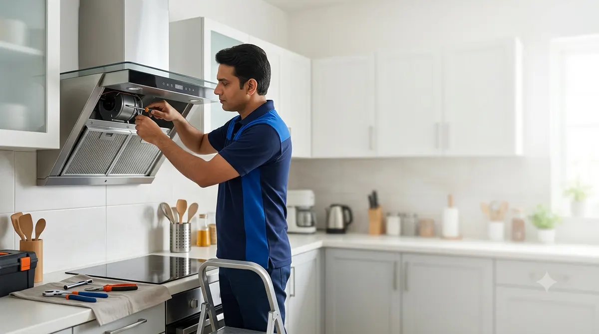 Technician repairing a kitchen chimney motor